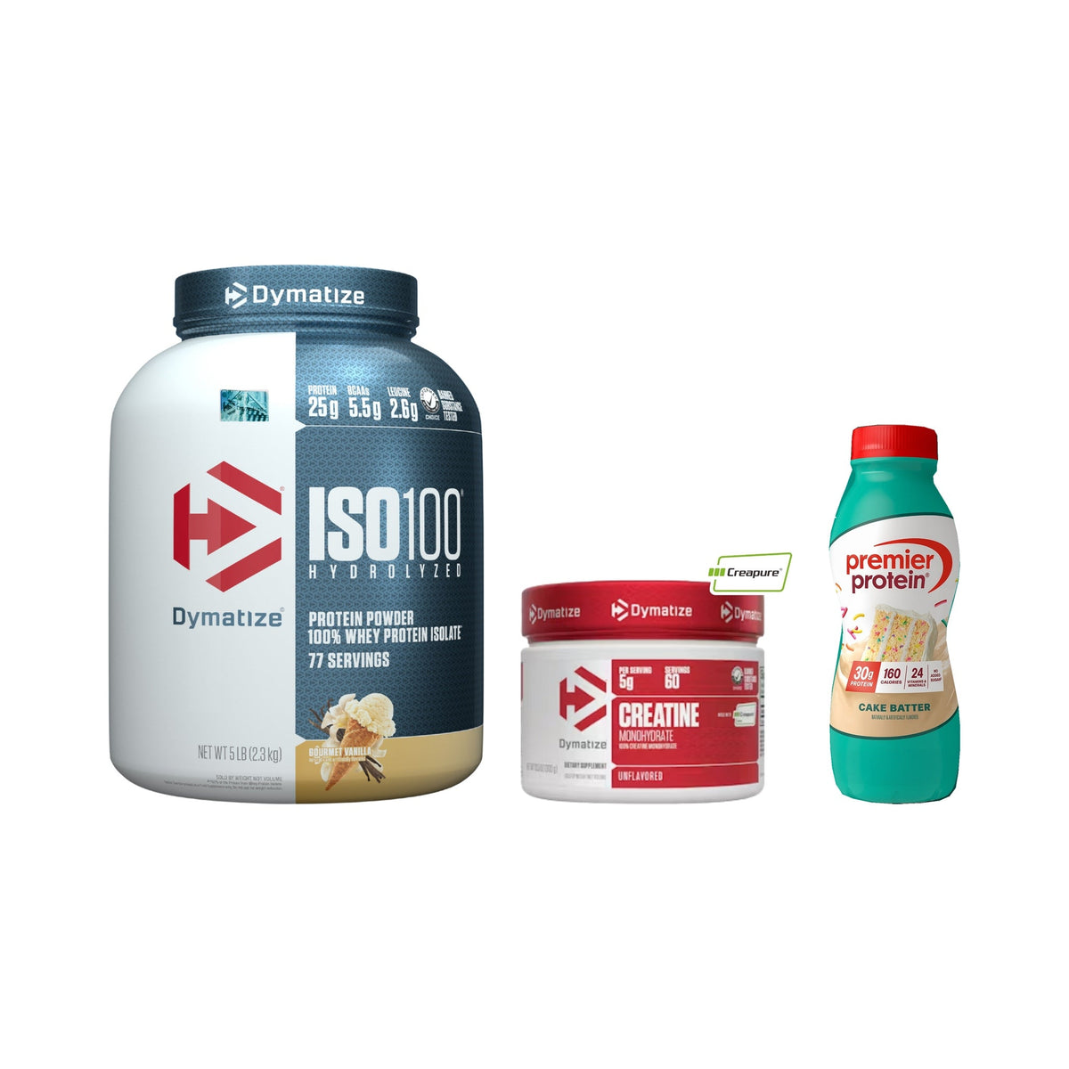 Combo Dymatize ISO100 5 lb + creatina Dymatize Creapure 300 g + Bebida Premier Protein de regalo