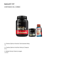 Combo Optimum Nutrition Gold Standard Whey 2 lb + creatina Optimum Nutrition Platinum Creapure 300 g + Bebida Premier Protein de regalo