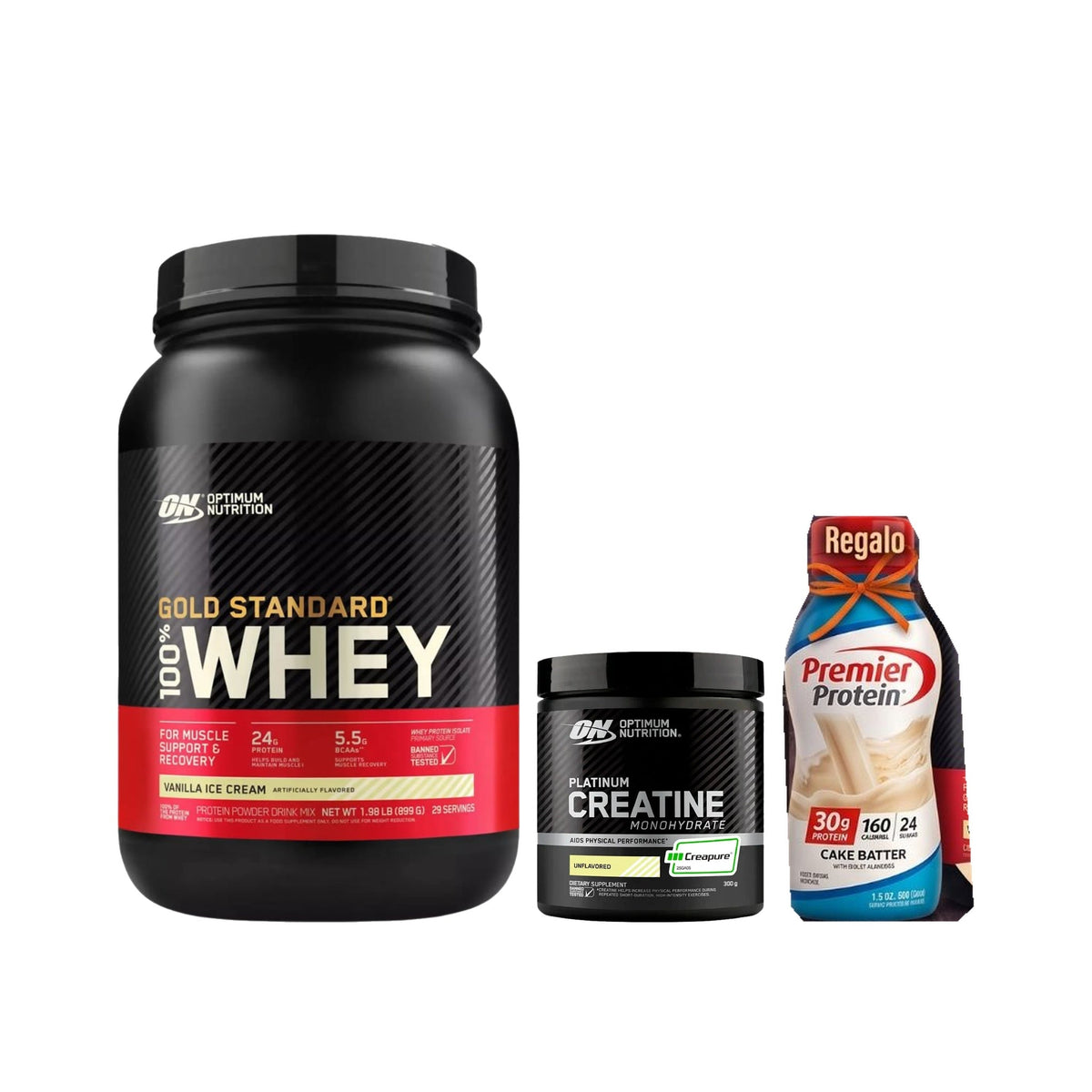 Combo Optimum Nutrition Gold Standard Whey 2 lb + creatina Optimum Nutrition Platinum Creapure 300 g + Bebida Premier Protein de regalo